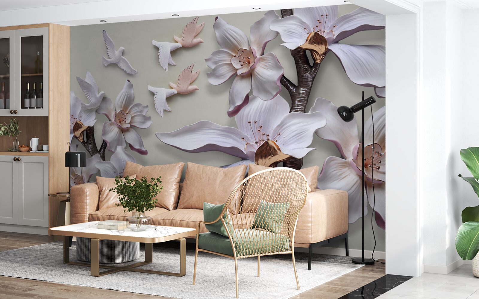 Fototapeta Śnieżnobiałe kwiaty i ptaki