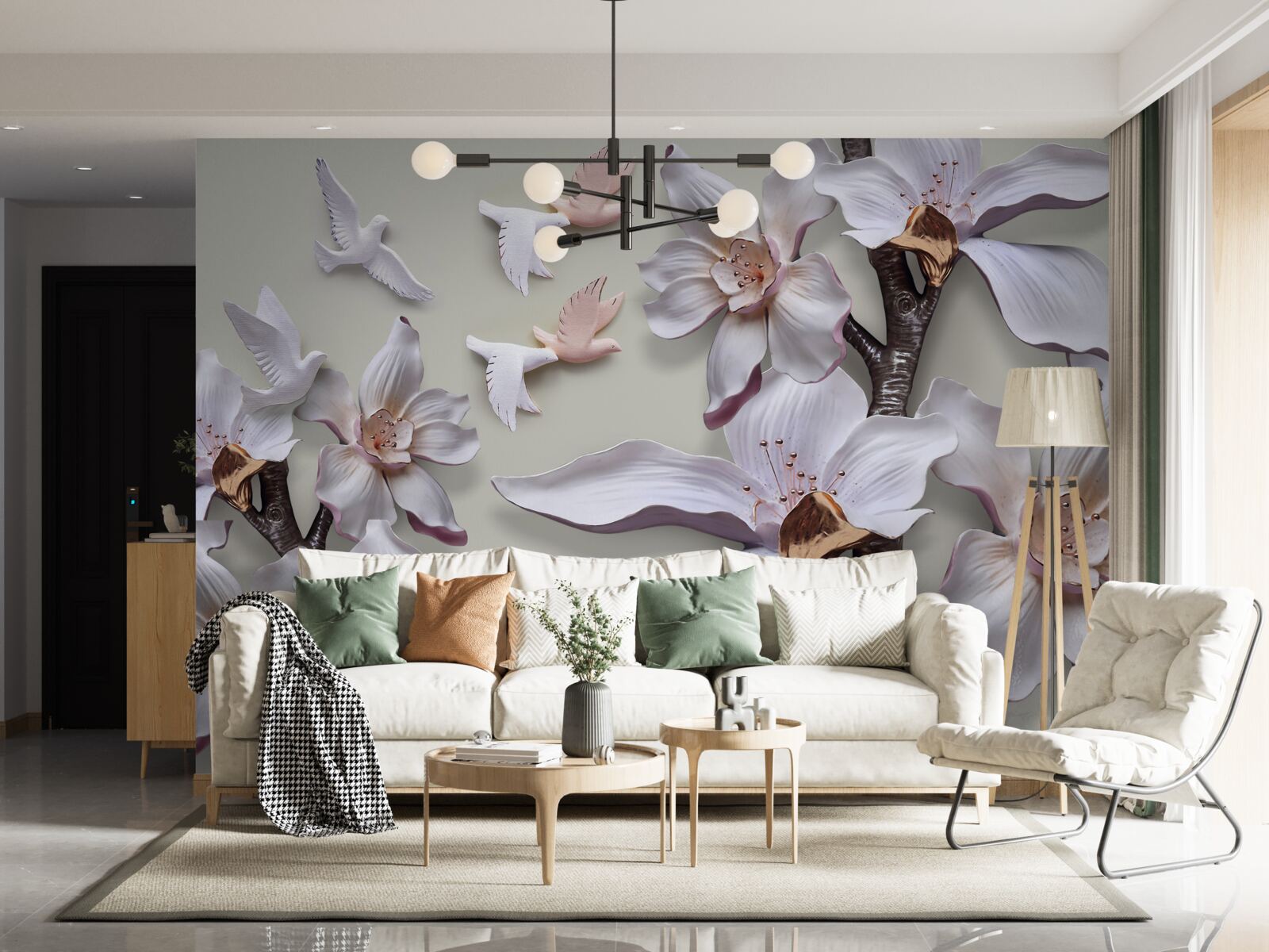 Fototapeta Śnieżnobiałe kwiaty i ptaki