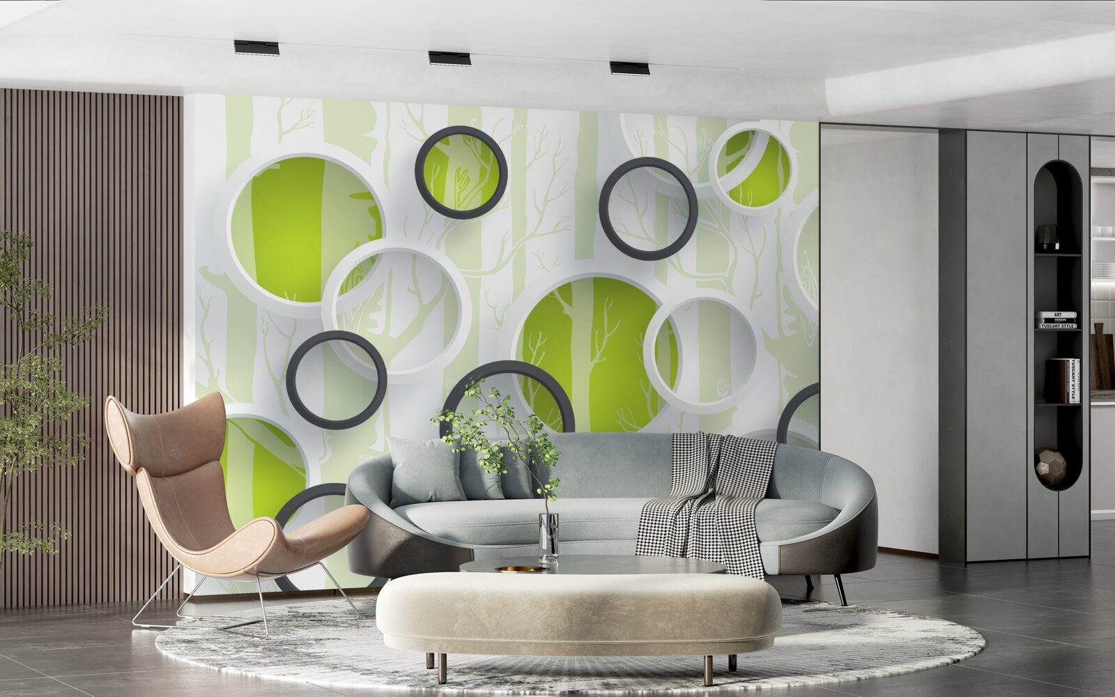 Fototapeta konturowe obrazy drzew w czarno-białych kółkach