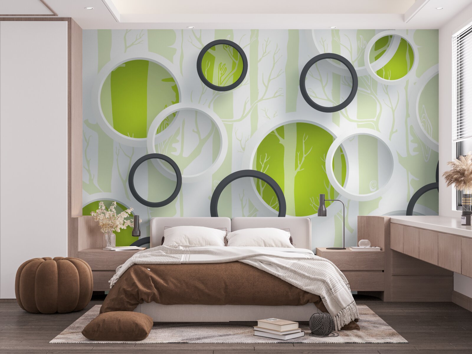 Fototapeta konturowe obrazy drzew w czarno-białych kółkach