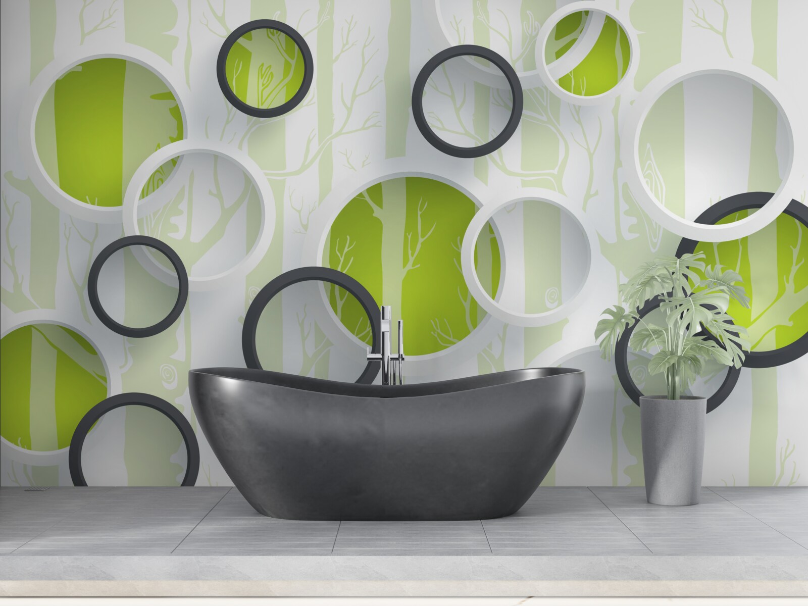 Fototapeta konturowe obrazy drzew w czarno-białych kółkach