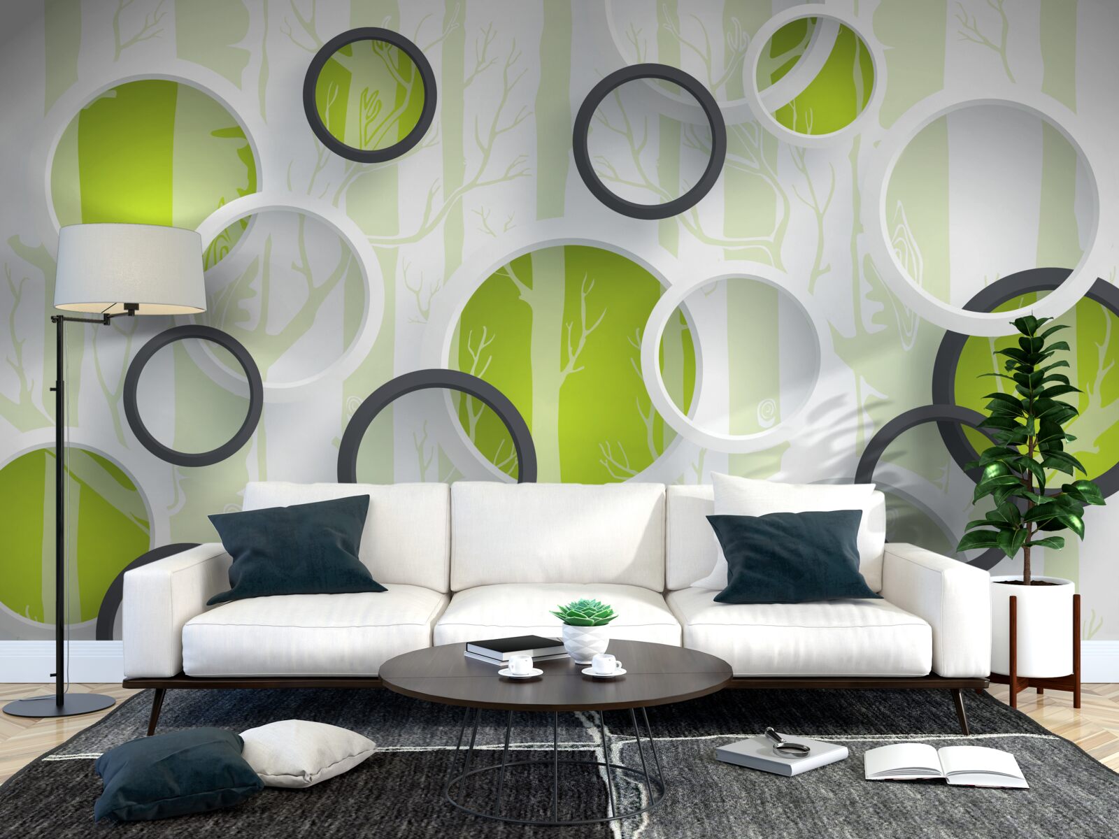 Fototapeta konturowe obrazy drzew w czarno-białych kółkach