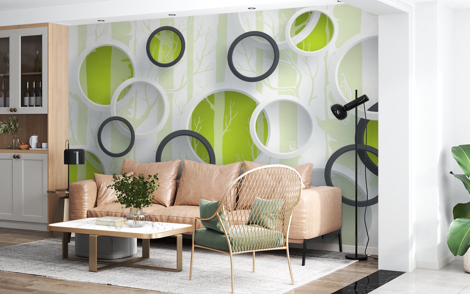 Fototapeta konturowe obrazy drzew w czarno-białych kółkach