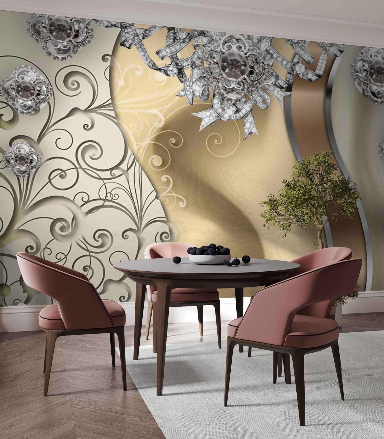 Fototapeta kwiaty wykonane ze srebra na złocie