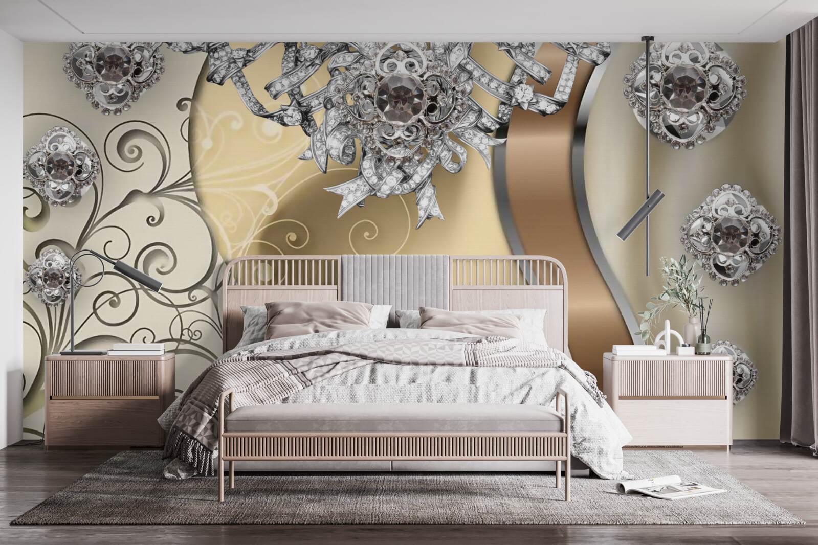 Fototapeta kwiaty wykonane ze srebra na złocie