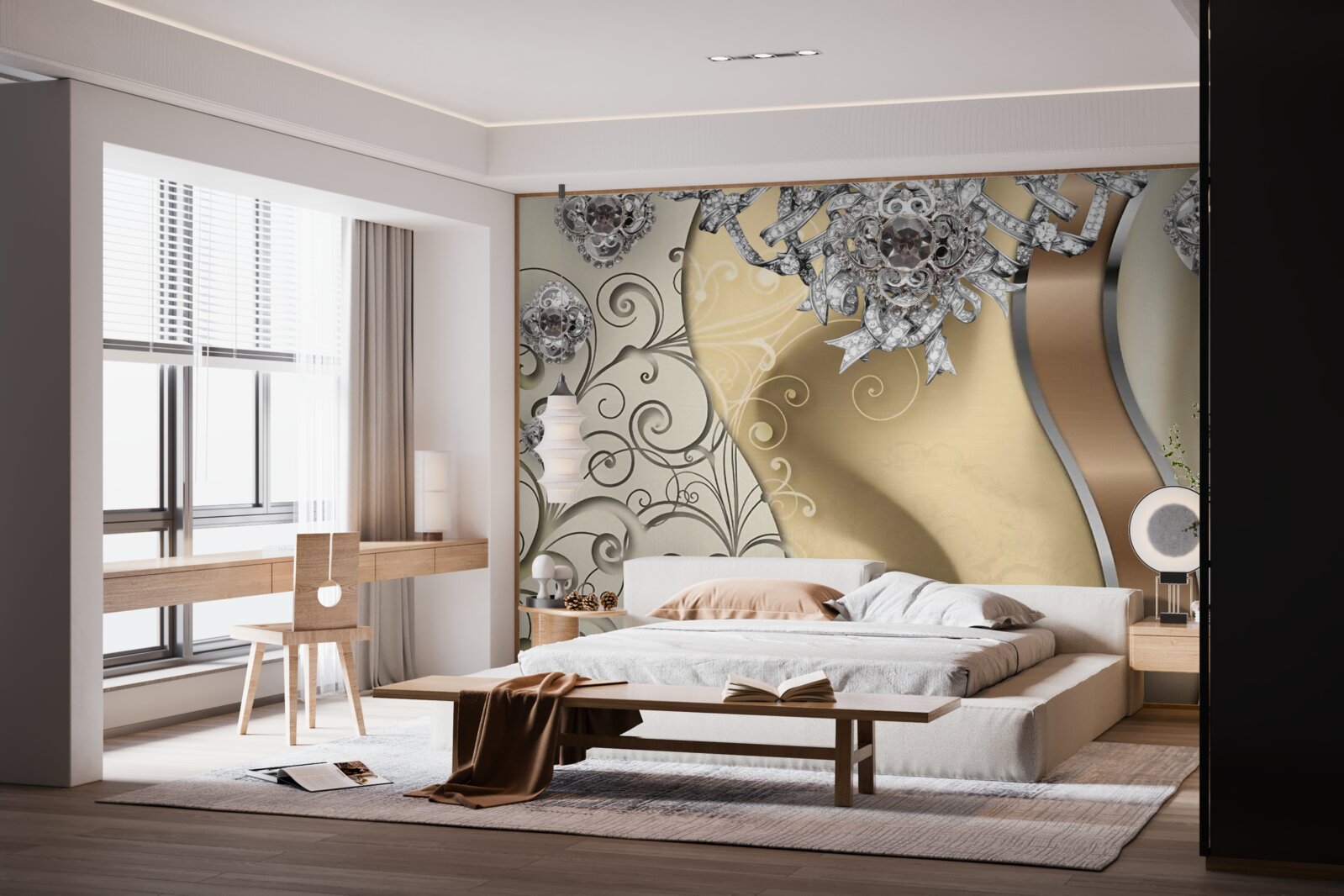 Fototapeta kwiaty wykonane ze srebra na złocie