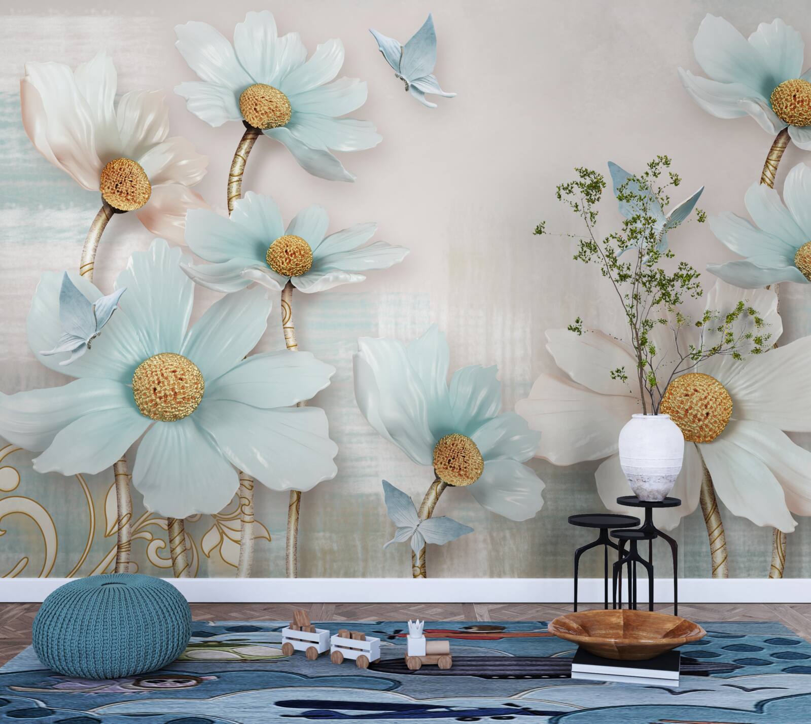 Fototapeta kwiaty duże w kolorze biało-niebieskim