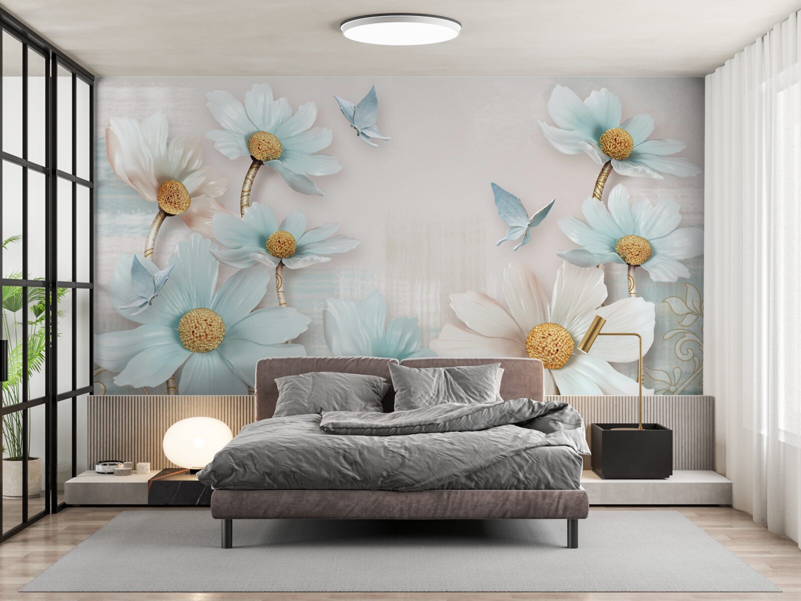 Fototapeta kwiaty duże w kolorze biało-niebieskim