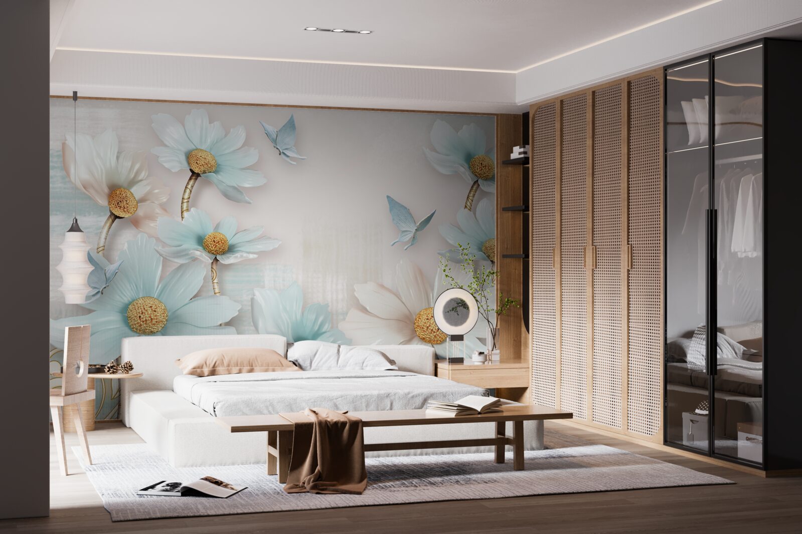 Fototapeta kwiaty duże w kolorze biało-niebieskim