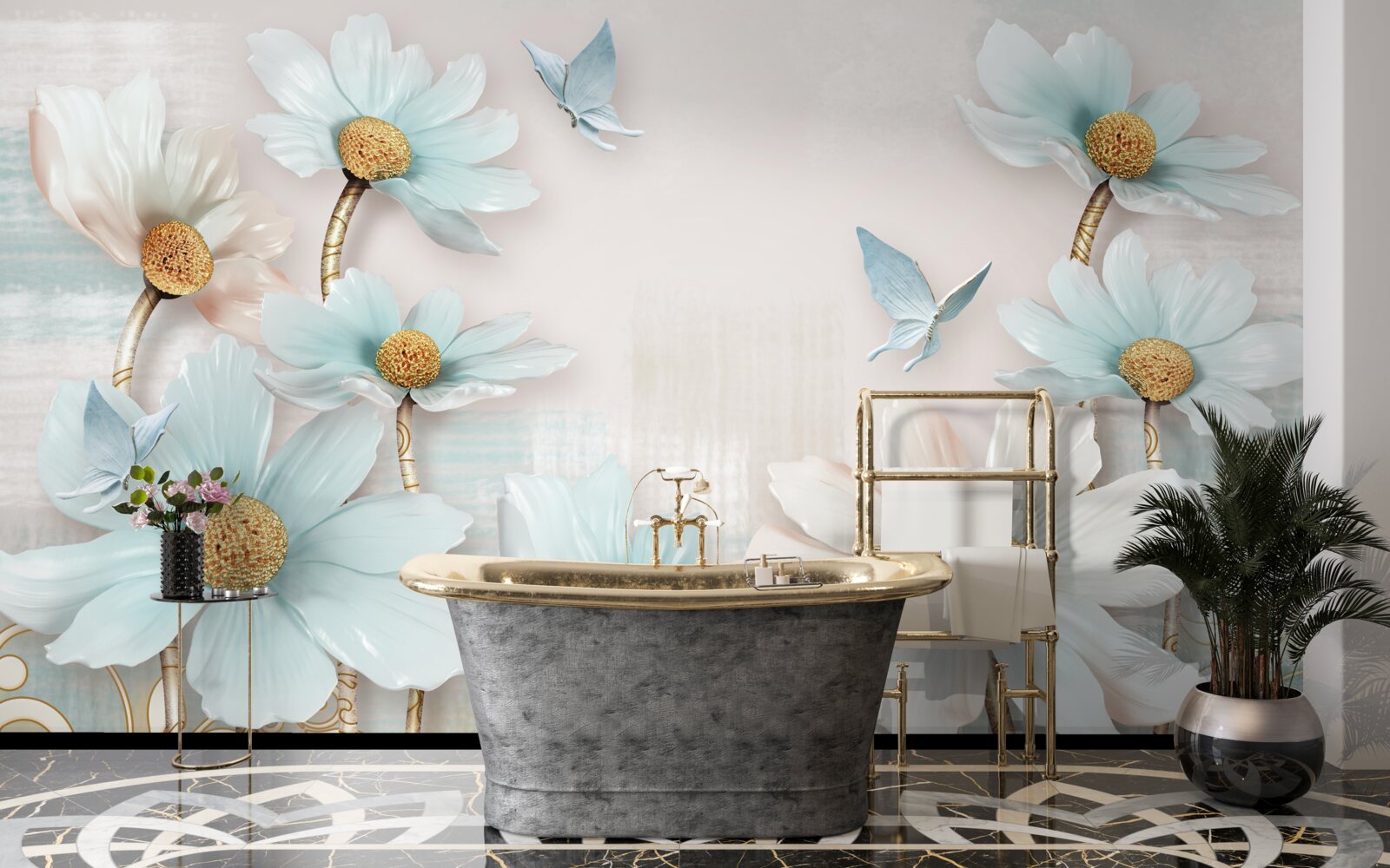 Fototapeta kwiaty duże w kolorze biało-niebieskim