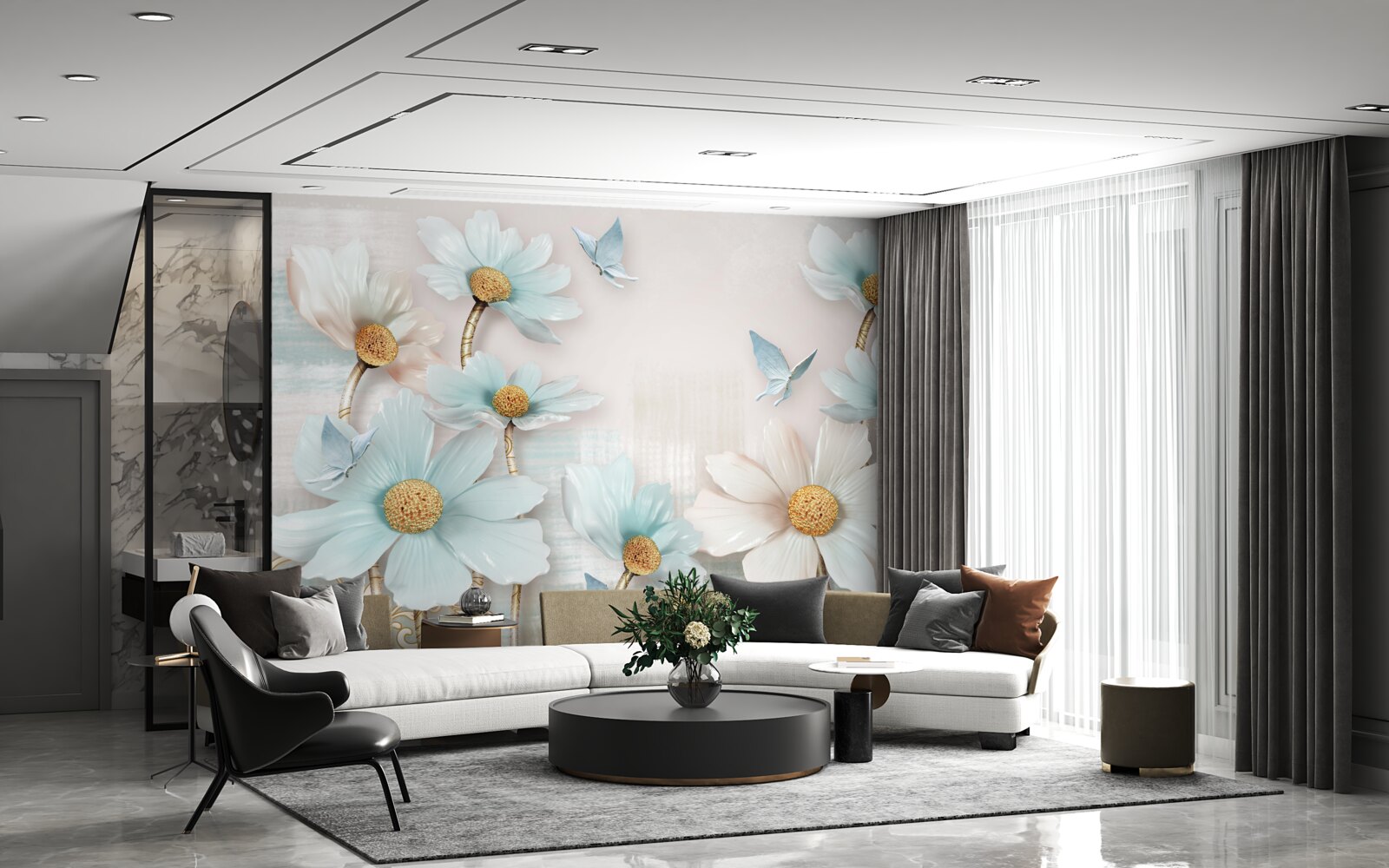 Fototapeta kwiaty duże w kolorze biało-niebieskim