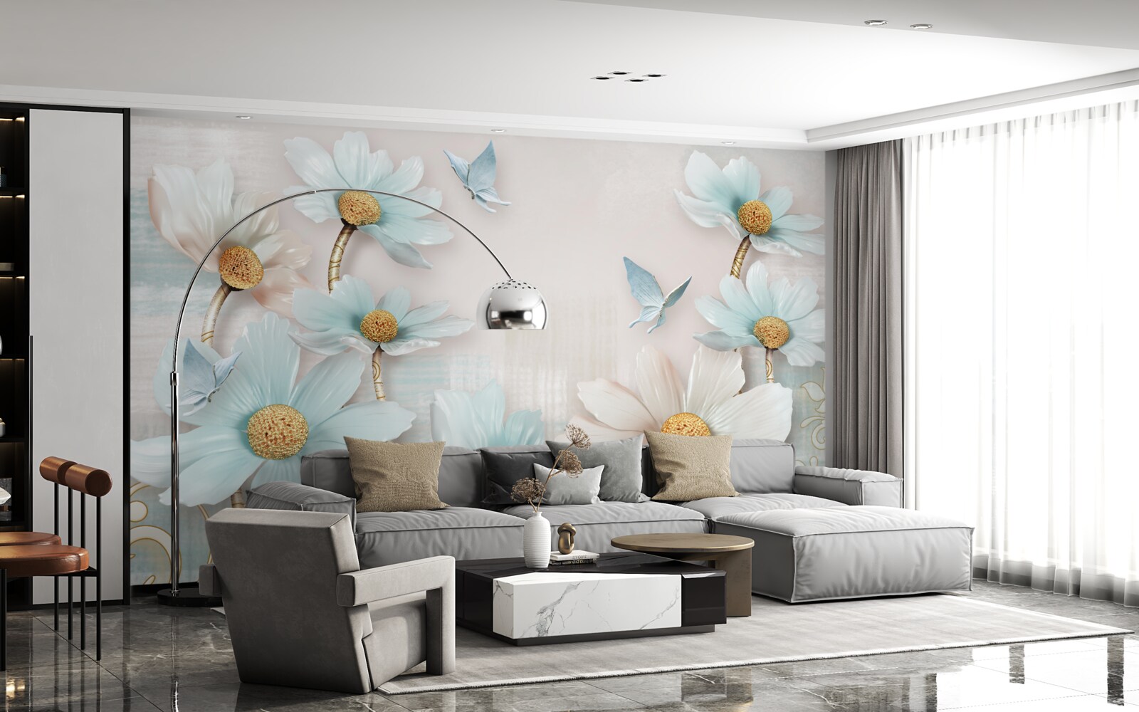 Fototapeta kwiaty duże w kolorze biało-niebieskim