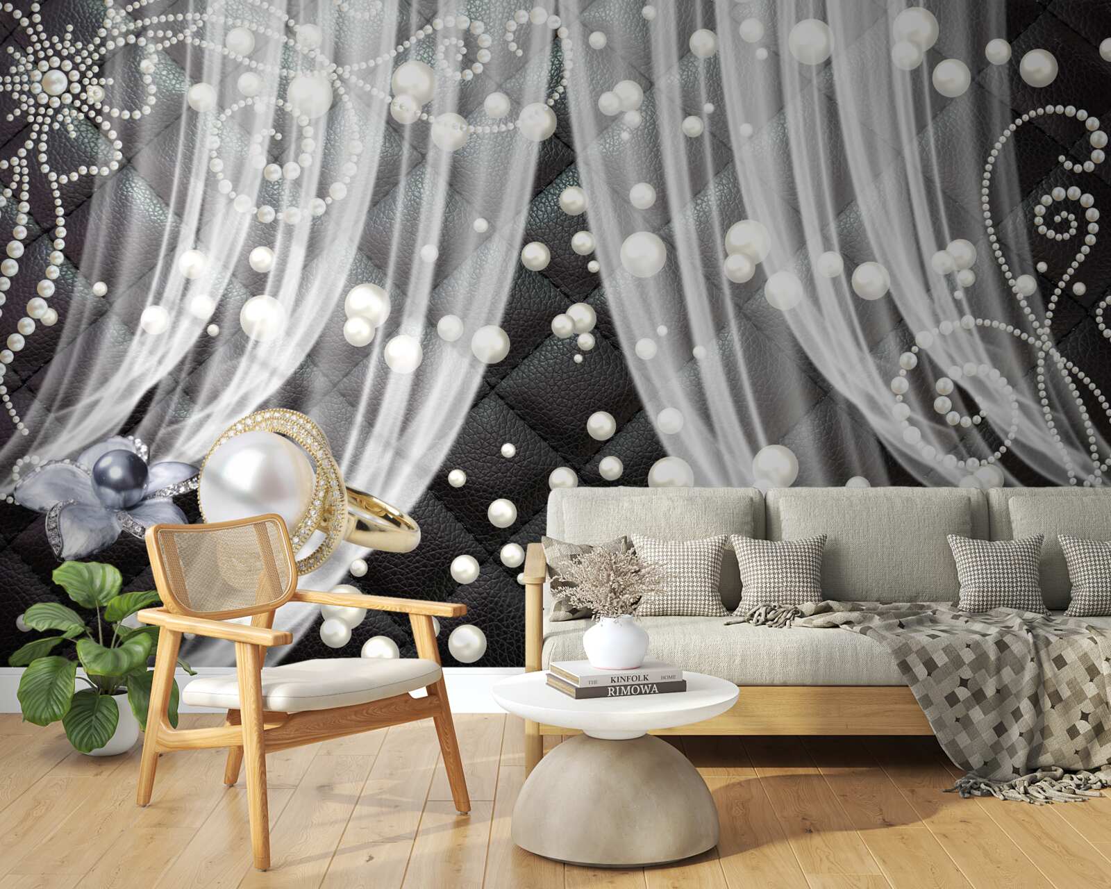 Fototapeta złote dekoracje i białe zasłony