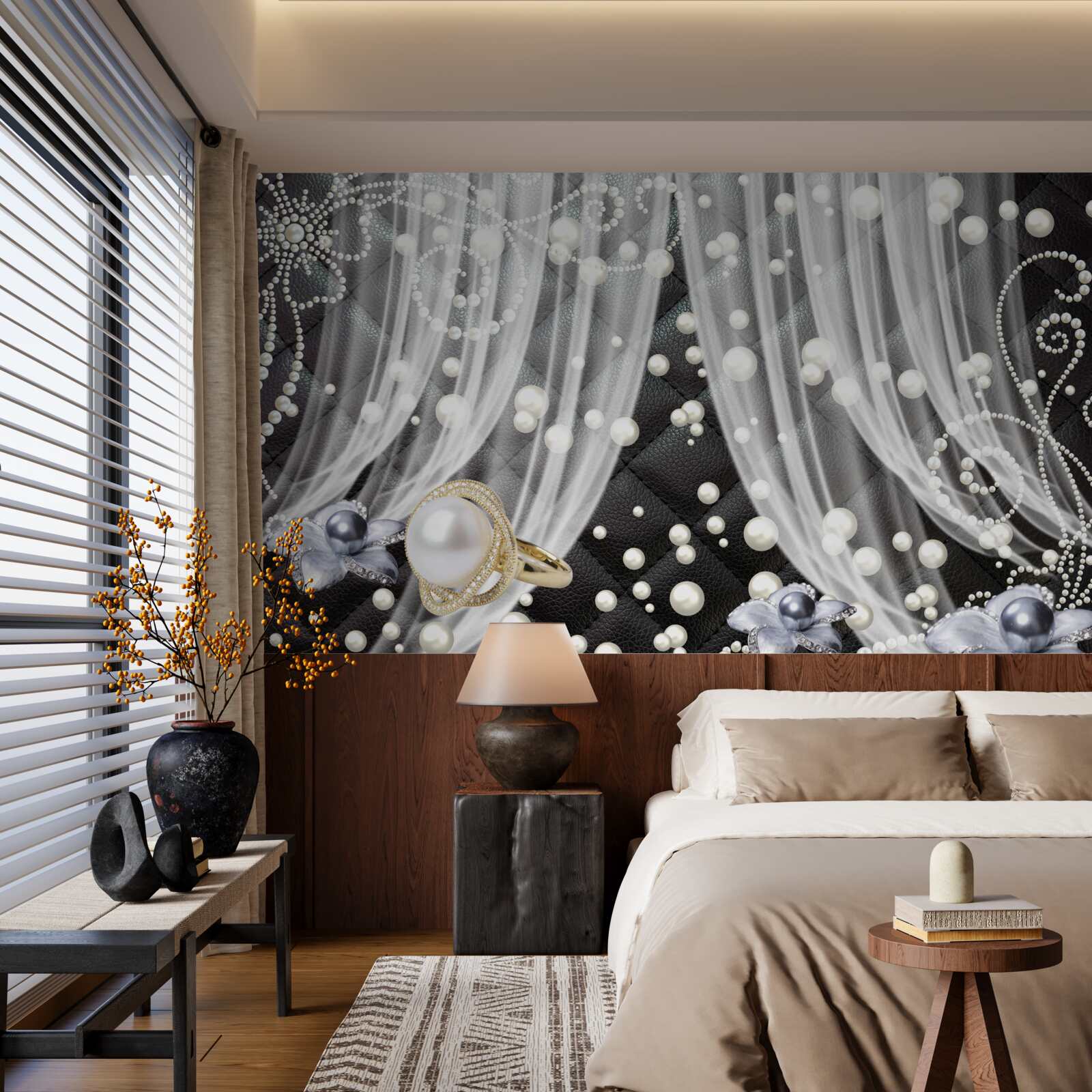 Fototapeta złote dekoracje i białe zasłony