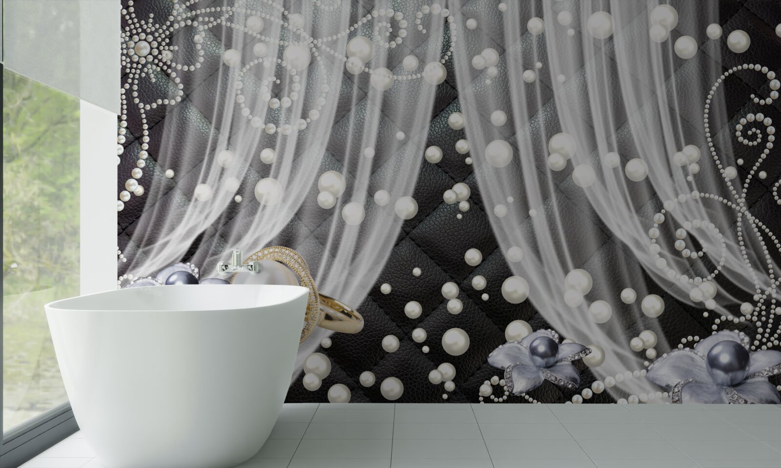 Fototapeta złote dekoracje i białe zasłony