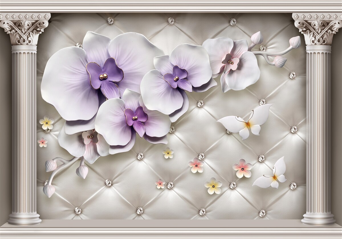 Fototapeta Śnieżnobiała orchidea ozdobiona złotem i perłami