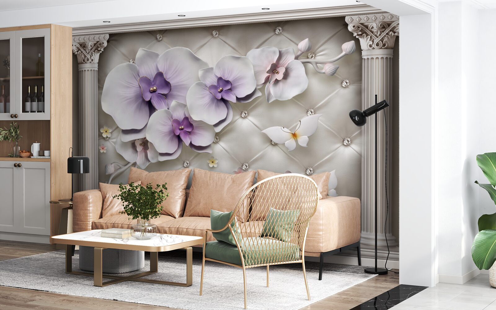 Fototapeta Śnieżnobiała orchidea ozdobiona złotem i perłami