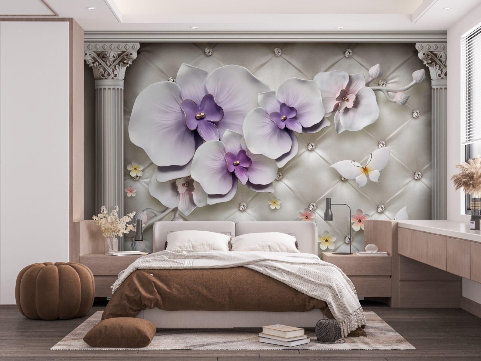 Fototapeta Śnieżnobiała orchidea ozdobiona złotem i perłami