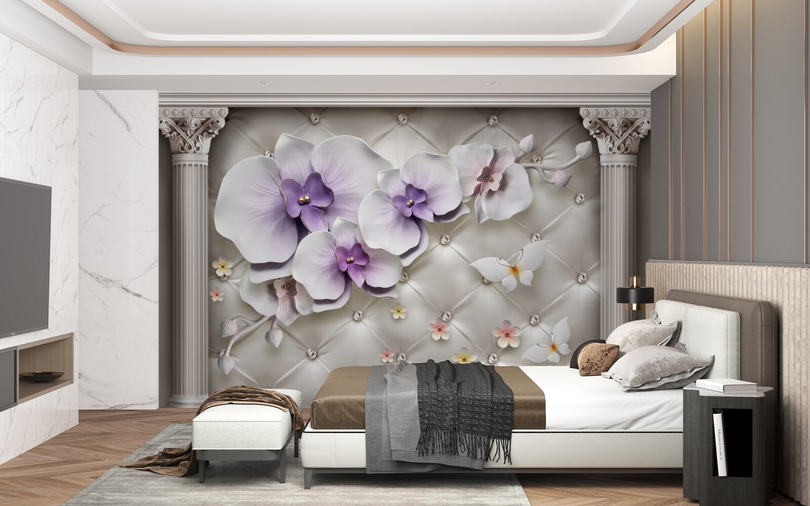 Fototapeta Śnieżnobiała orchidea ozdobiona złotem i perłami