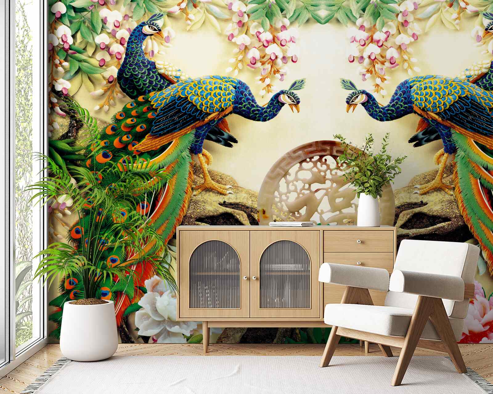 Fototapeta wspaniałe pawie lubią odpoczywać na drzewie ozdobionym kwiatami