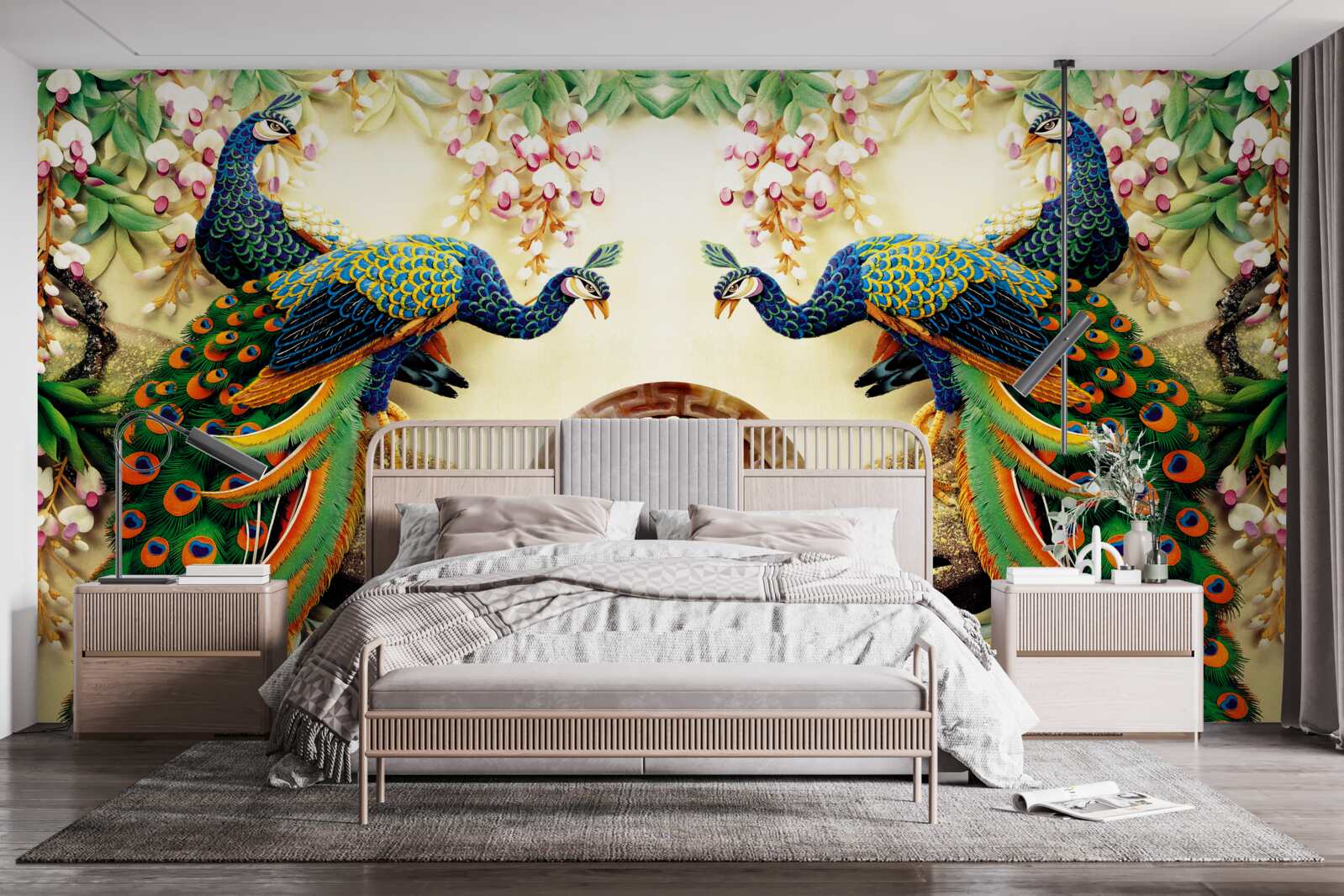 Fototapeta wspaniałe pawie lubią odpoczywać na drzewie ozdobionym kwiatami