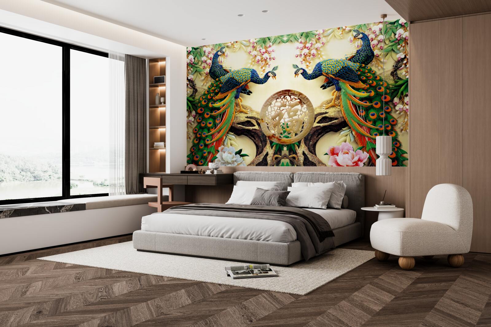 Fototapeta wspaniałe pawie lubią odpoczywać na drzewie ozdobionym kwiatami