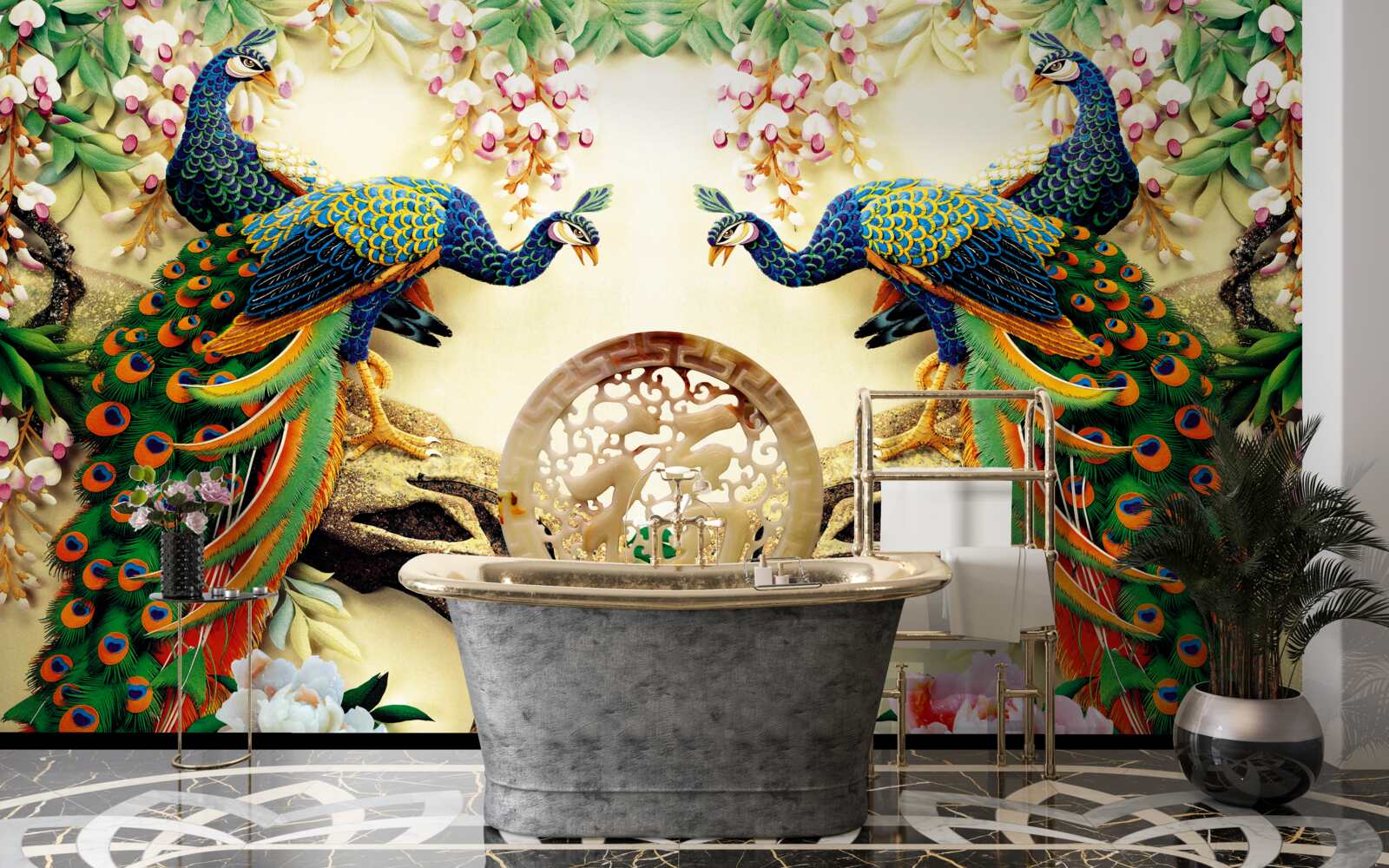 Fototapeta wspaniałe pawie lubią odpoczywać na drzewie ozdobionym kwiatami