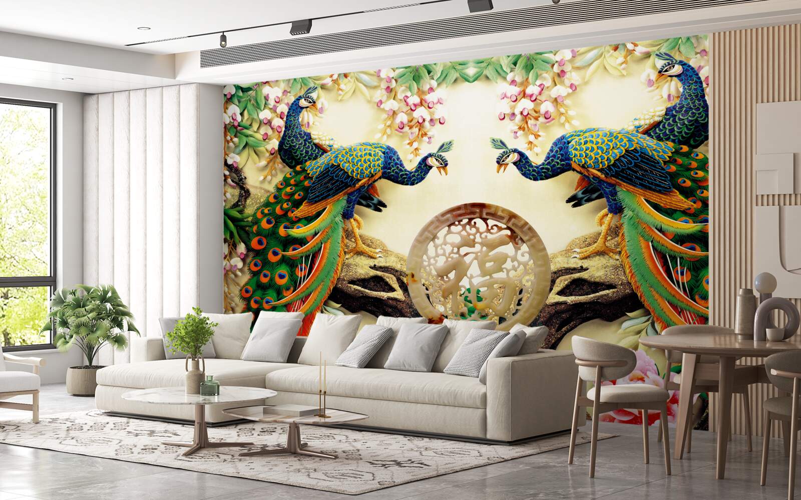 Fototapeta wspaniałe pawie lubią odpoczywać na drzewie ozdobionym kwiatami