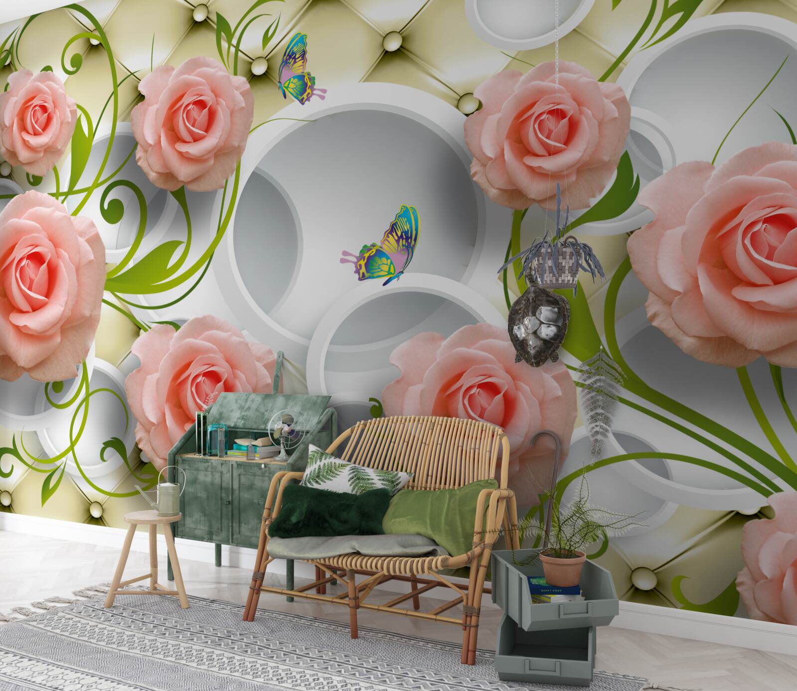 Fototapeta na beżowym tle na gałązce znajduje się różowa róża