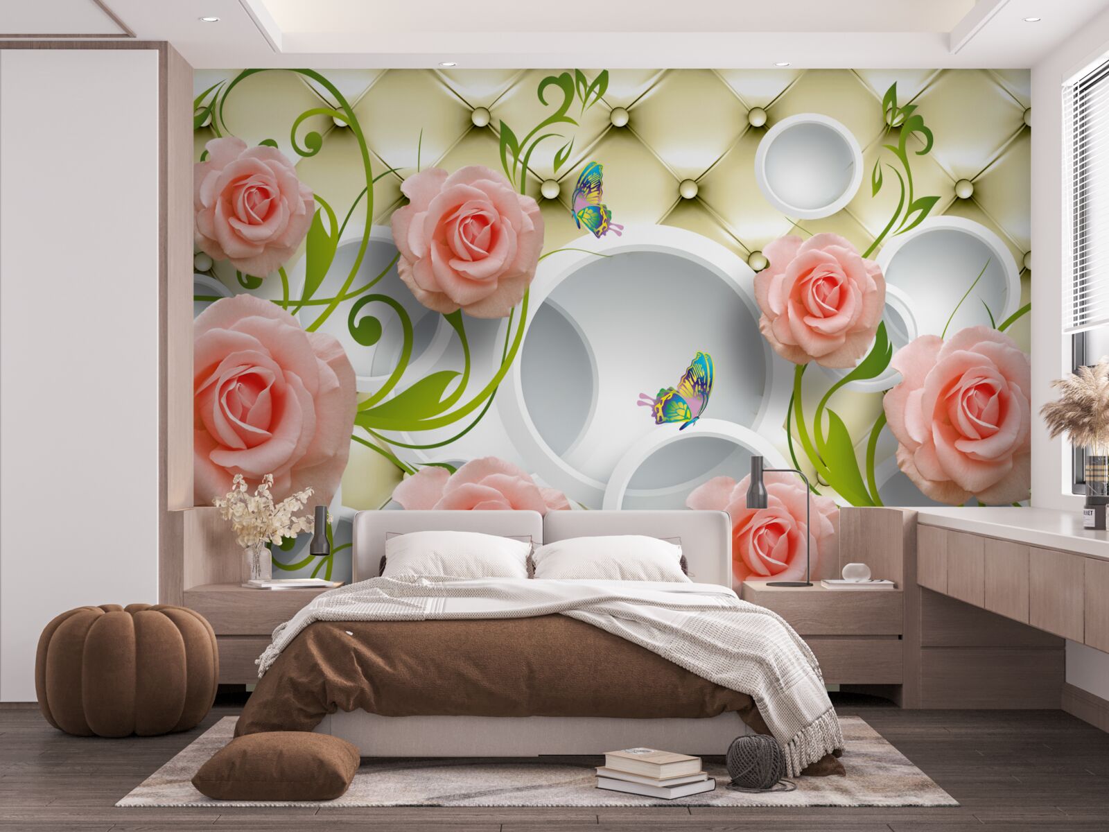 Fototapeta na beżowym tle na gałązce znajduje się różowa róża