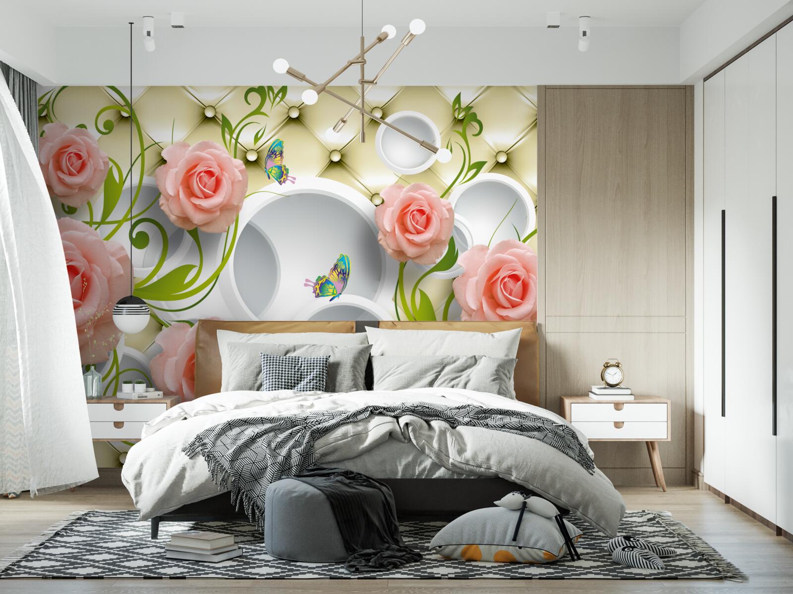 Fototapeta na beżowym tle na gałązce znajduje się różowa róża