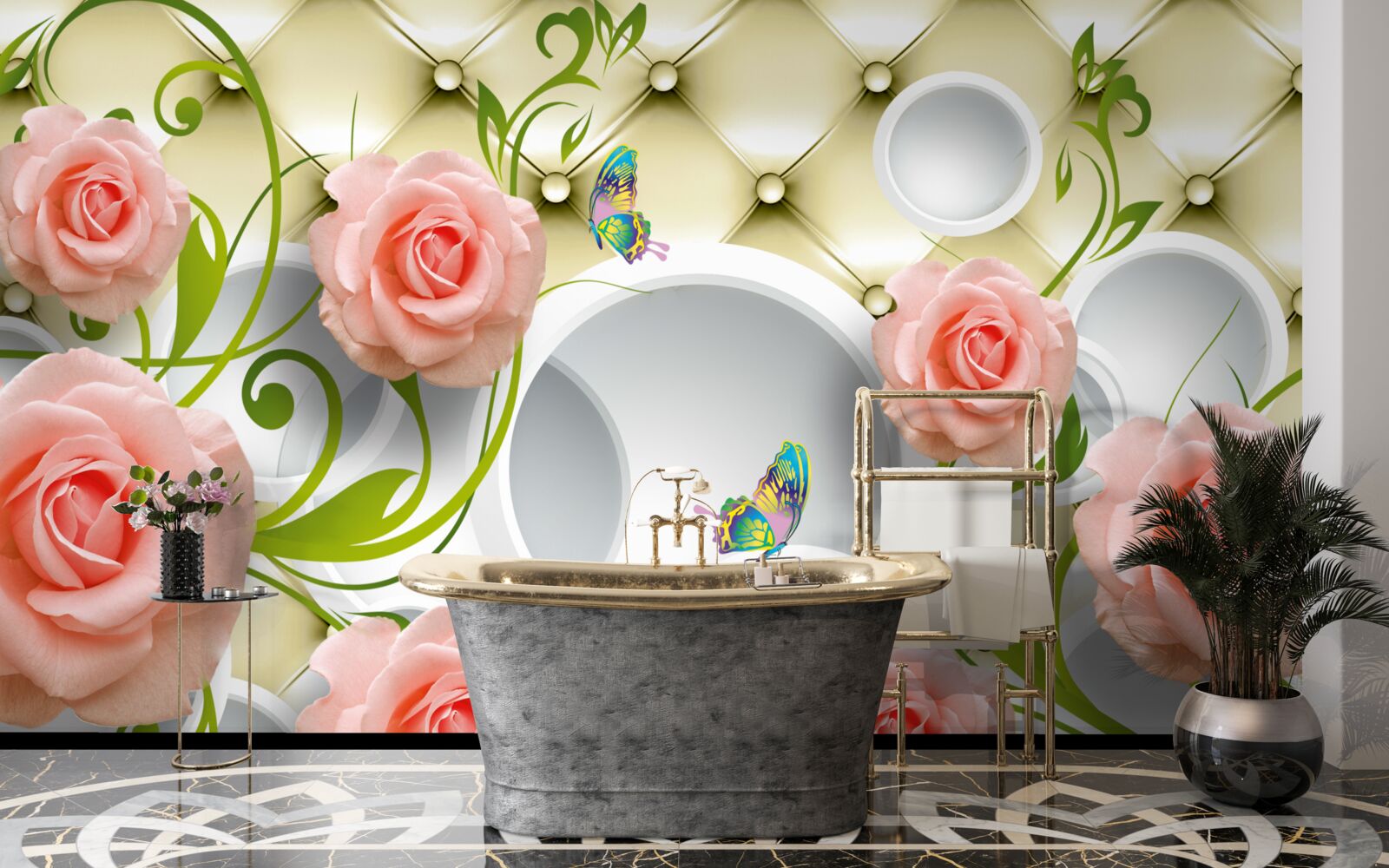 Fototapeta na beżowym tle na gałązce znajduje się różowa róża