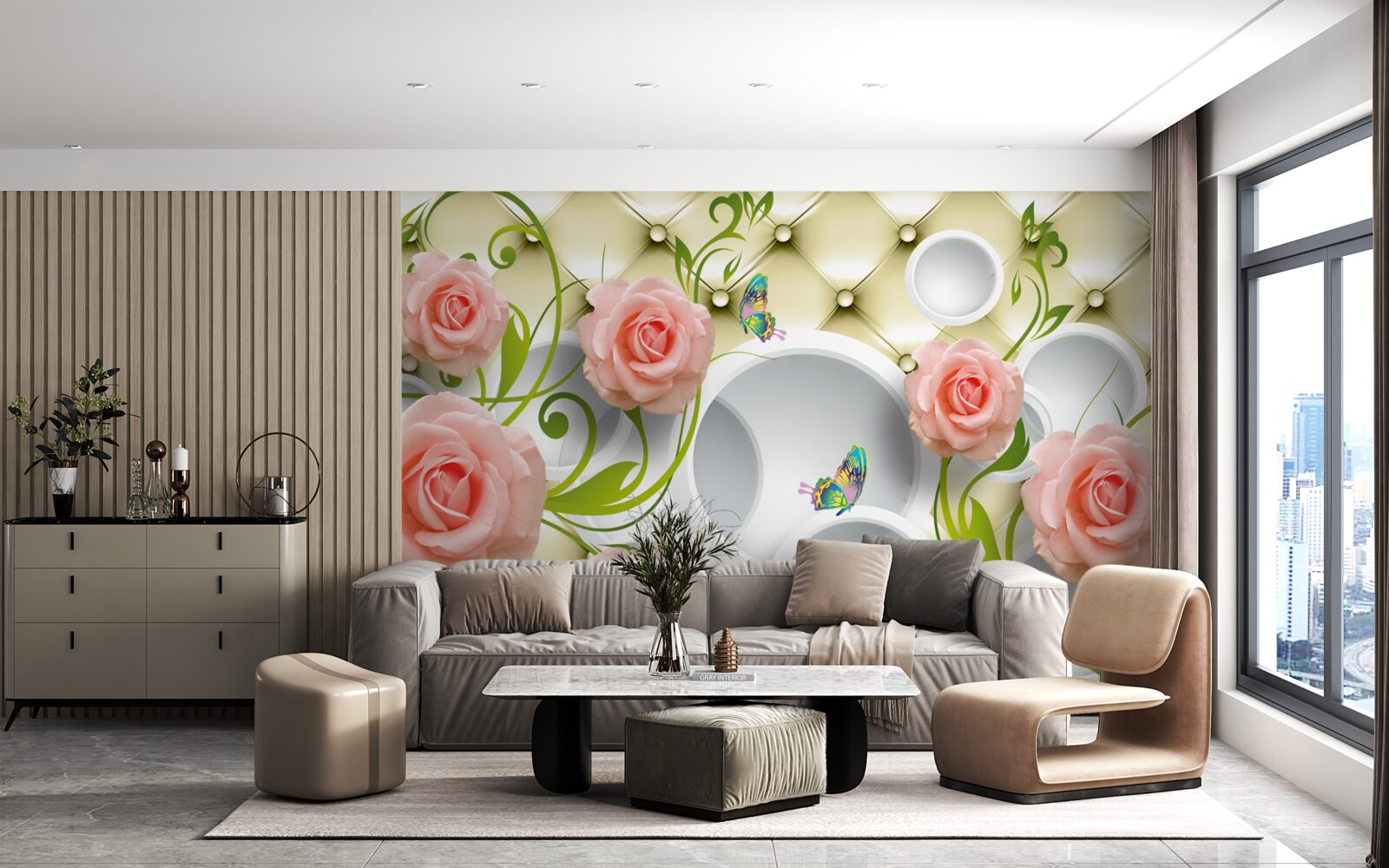 Fototapeta na beżowym tle na gałązce znajduje się różowa róża