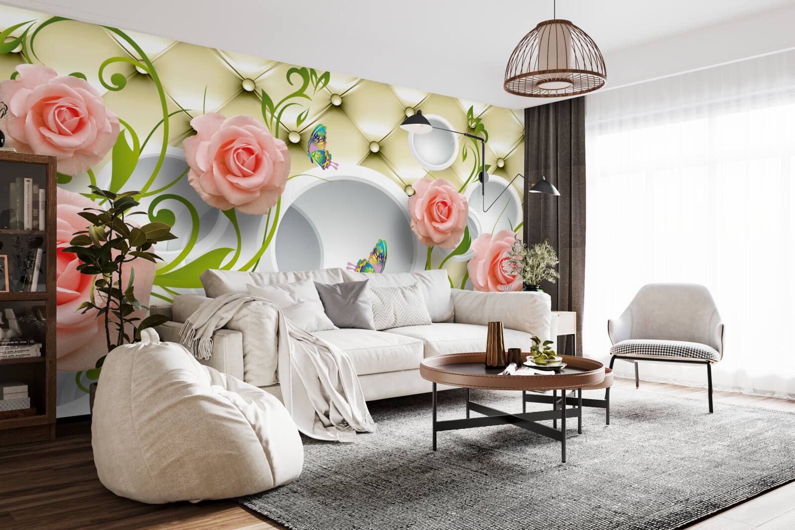 Fototapeta na beżowym tle na gałązce znajduje się różowa róża