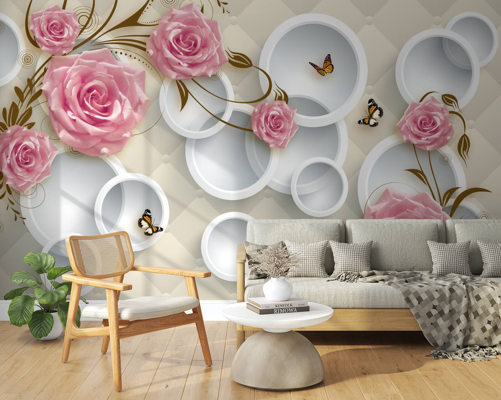 Fototapeta na geometrycznym tle delikatna róża w różowym krzaku