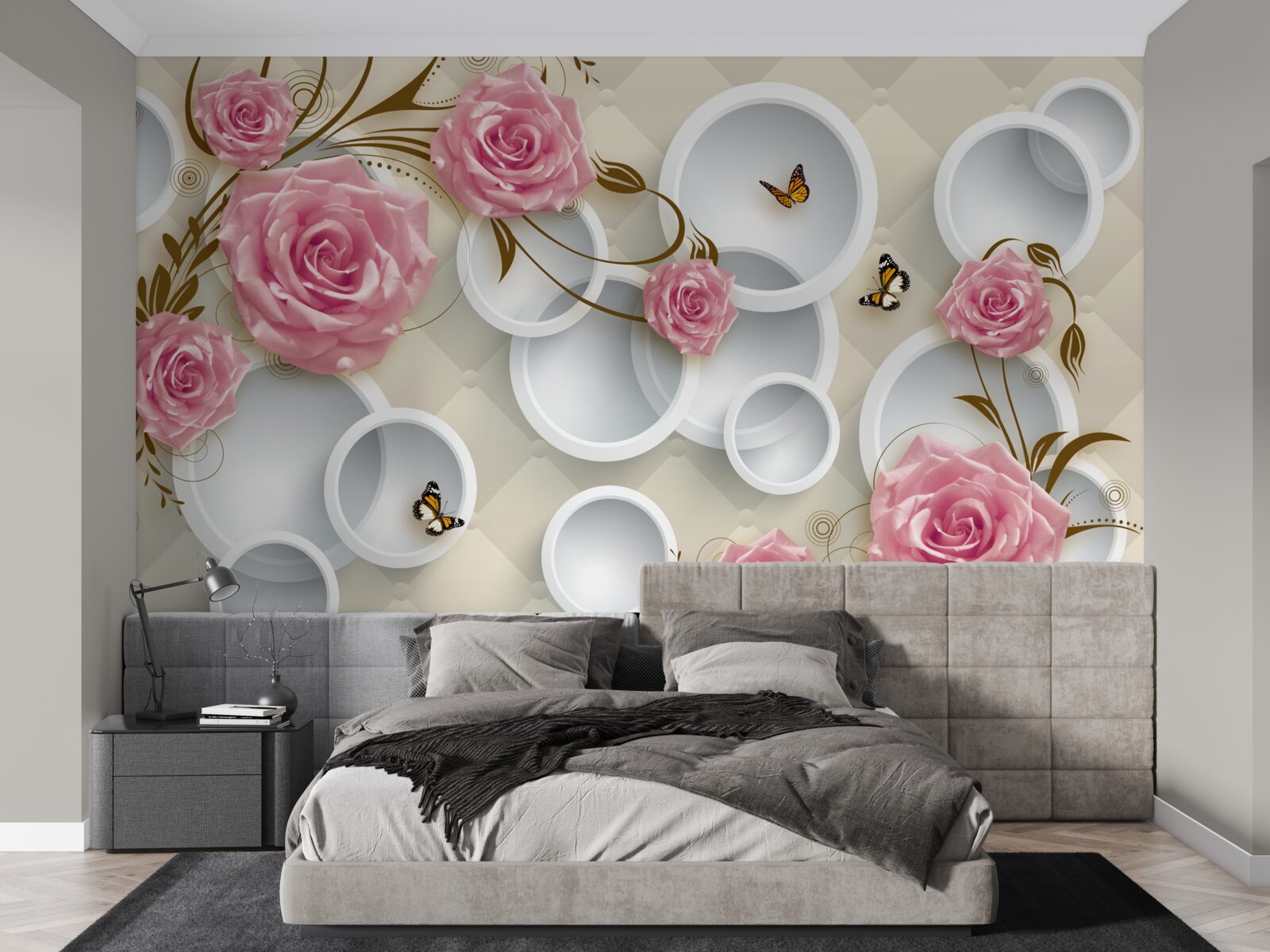 Fototapeta na geometrycznym tle delikatna róża w różowym krzaku