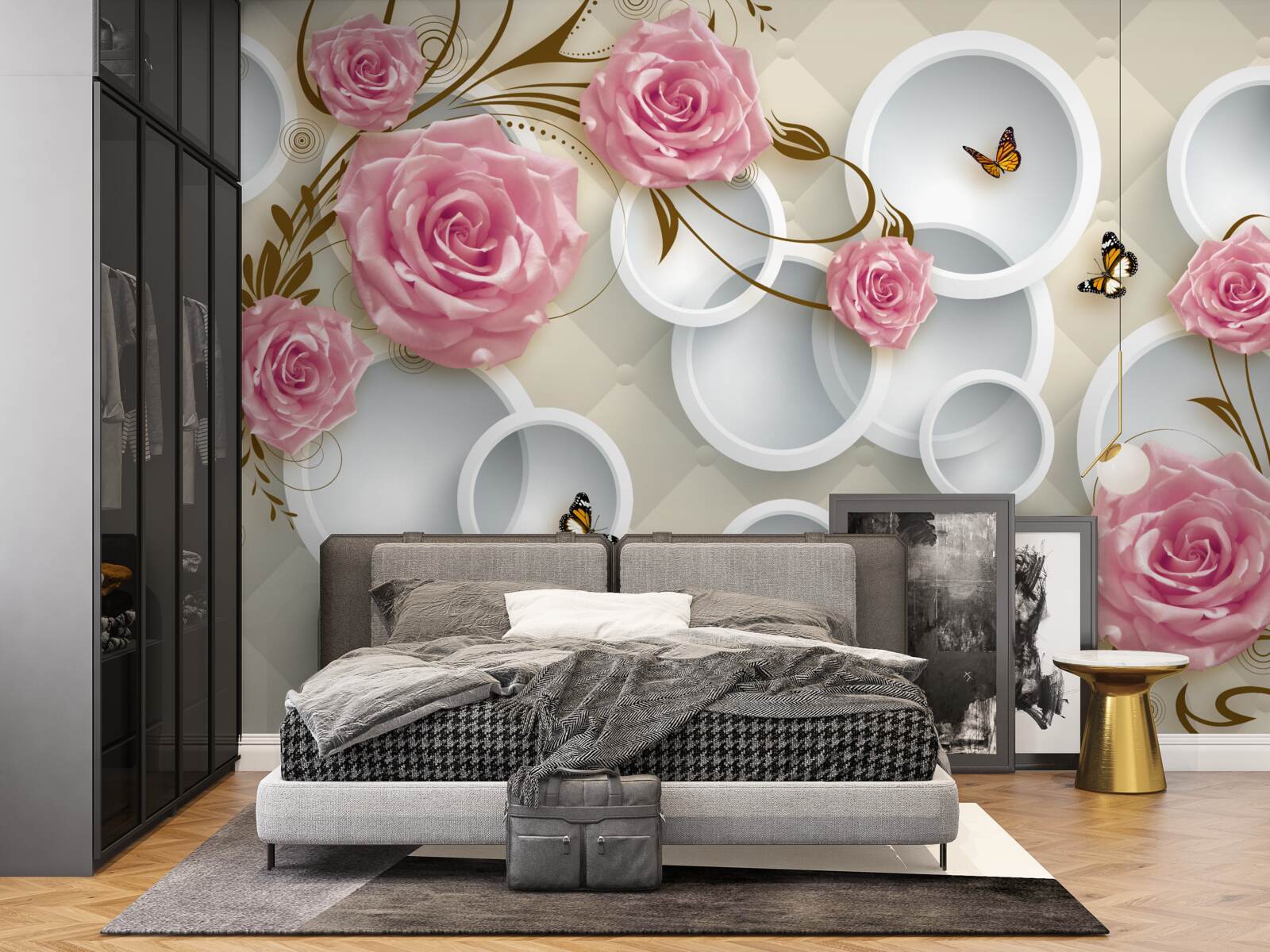 Fototapeta na geometrycznym tle delikatna róża w różowym krzaku