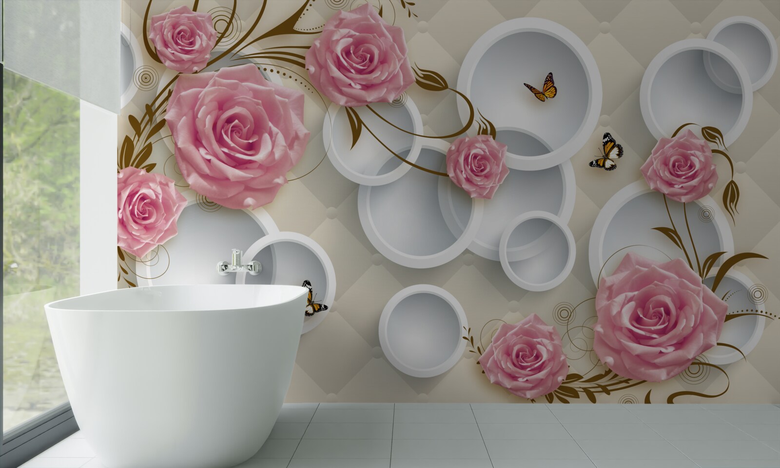 Fototapeta na geometrycznym tle delikatna róża w różowym krzaku