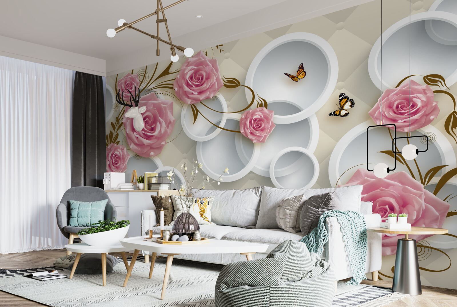 Fototapeta na geometrycznym tle delikatna róża w różowym krzaku