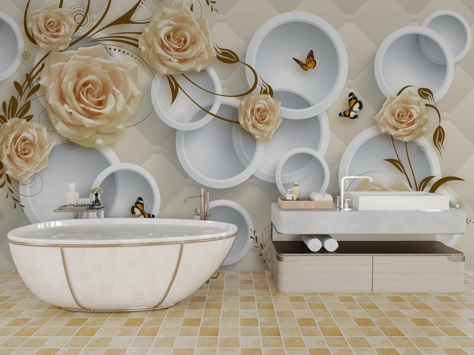 Fototapeta gałązki z różowego brązu z fantazyjną złotą dekoracją