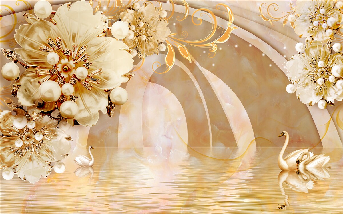 Fototapeta jezioro lśniące złotem, w którym pływają łabędzie i rosną kwiaty