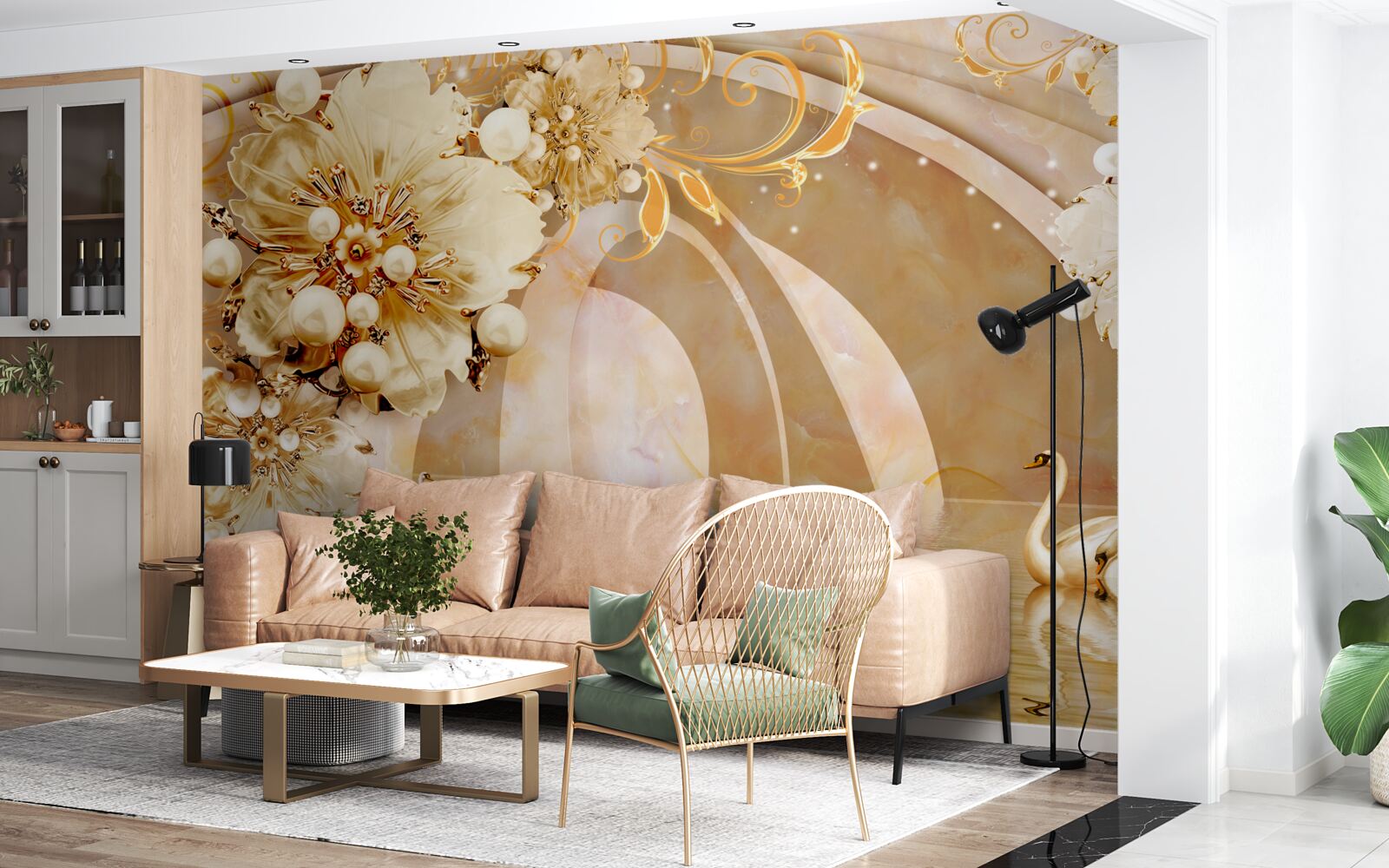 Fototapeta jezioro lśniące złotem, w którym pływają łabędzie i rosną kwiaty