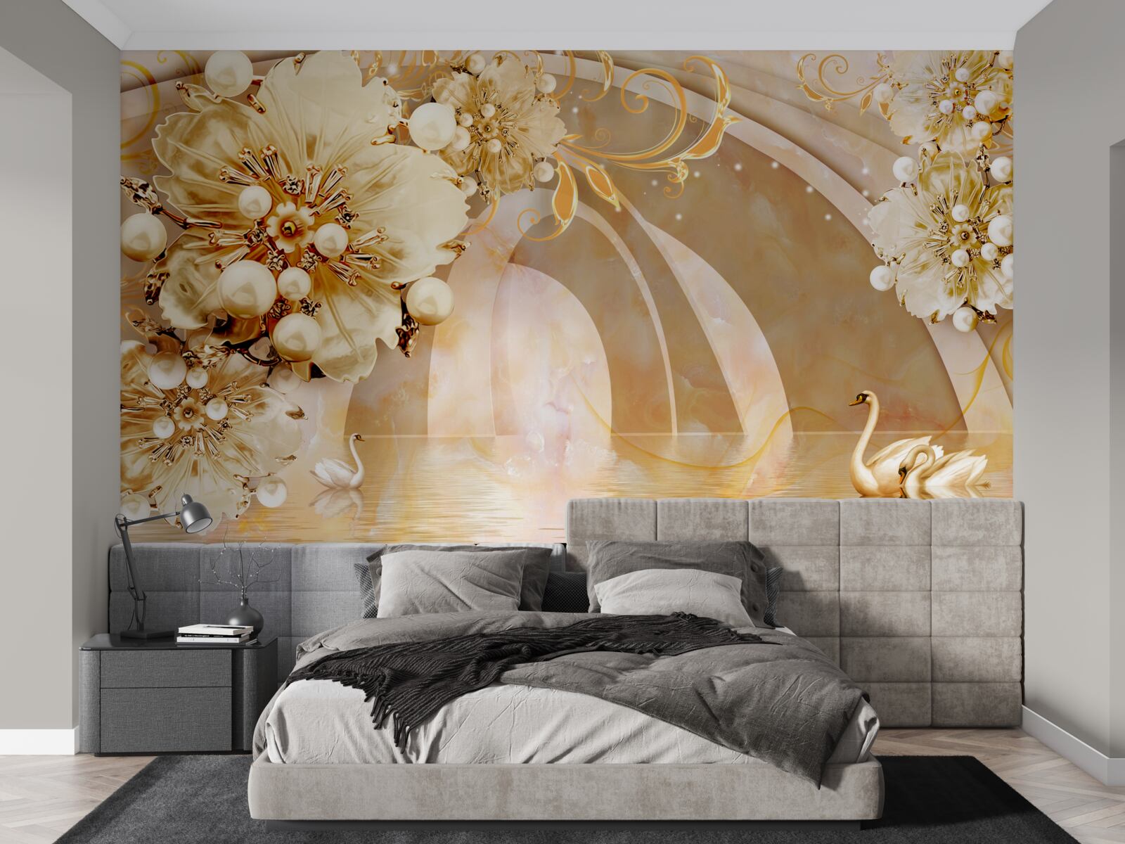 Fototapeta jezioro lśniące złotem, w którym pływają łabędzie i rosną kwiaty