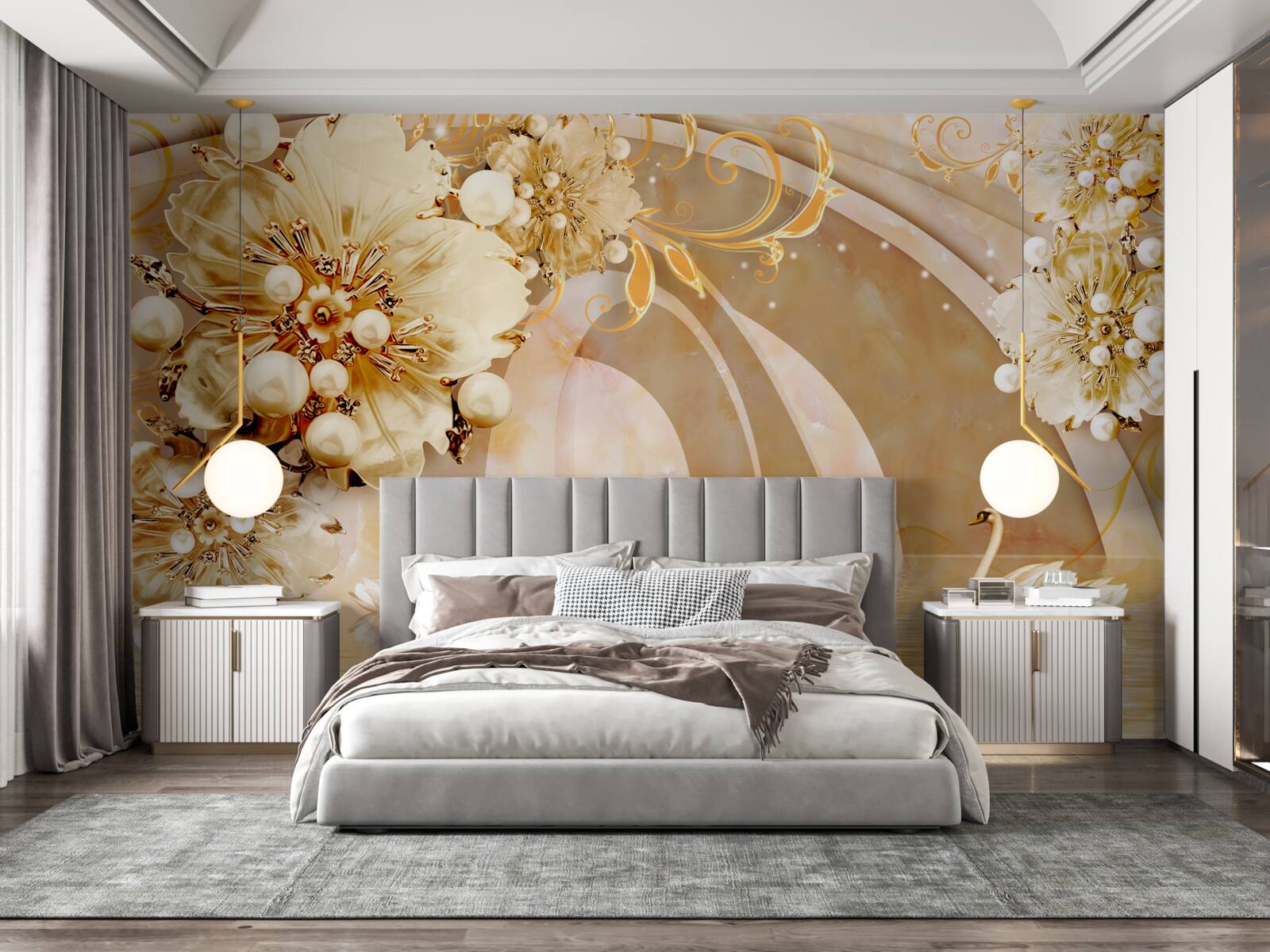 Fototapeta jezioro lśniące złotem, w którym pływają łabędzie i rosną kwiaty