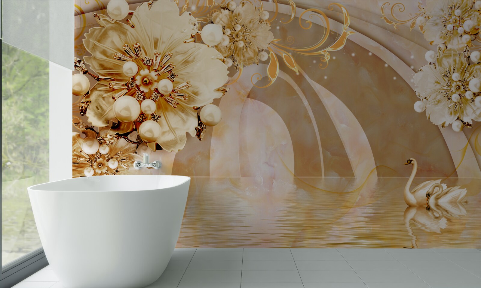 Fototapeta jezioro lśniące złotem, w którym pływają łabędzie i rosną kwiaty