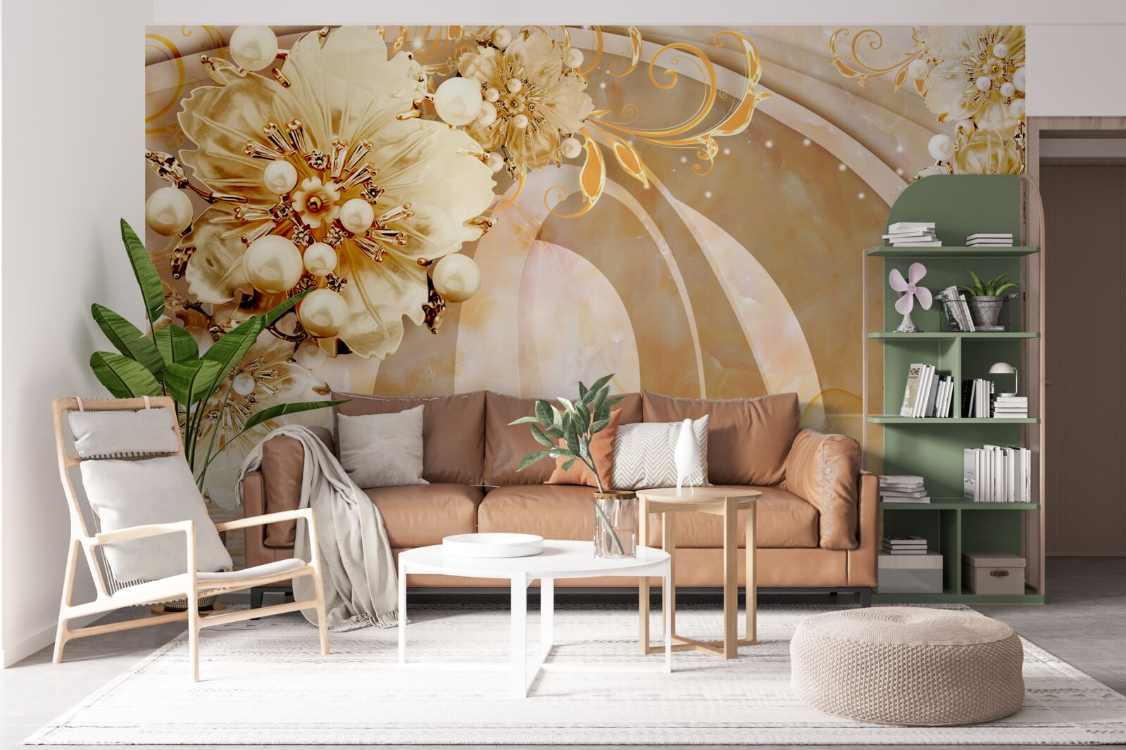 Fototapeta jezioro lśniące złotem, w którym pływają łabędzie i rosną kwiaty