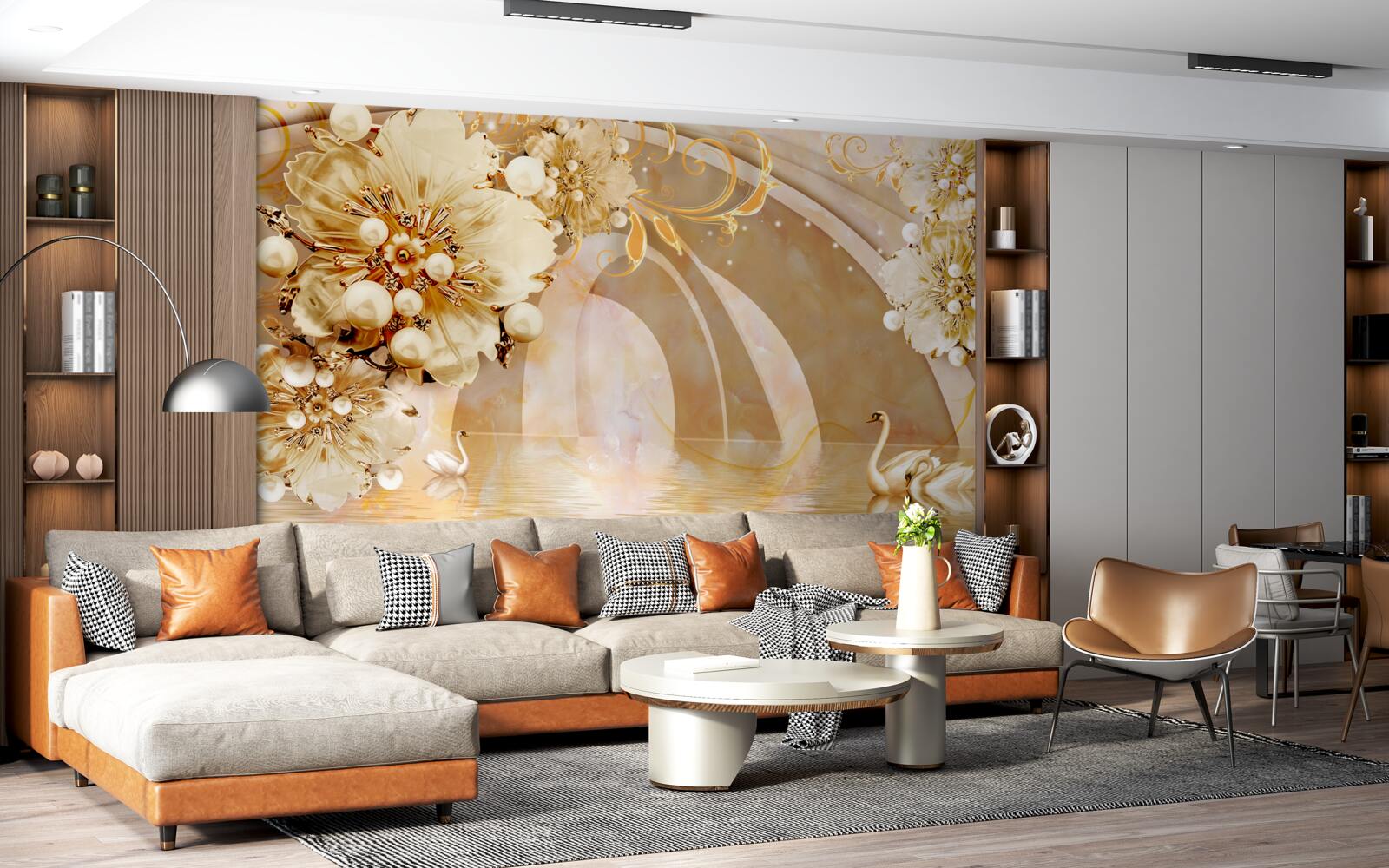 Fototapeta jezioro lśniące złotem, w którym pływają łabędzie i rosną kwiaty