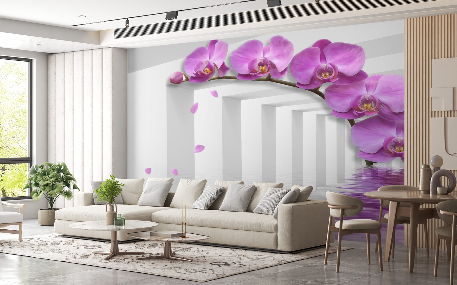 Fototapeta liliowa orchidea na gałęzi otoczona białymi łukami