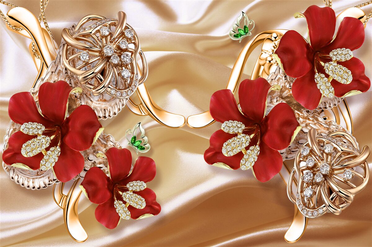 Fototapeta czerwone pąki ozdobione elementami dekoracyjnymi na złotym jedwabiu