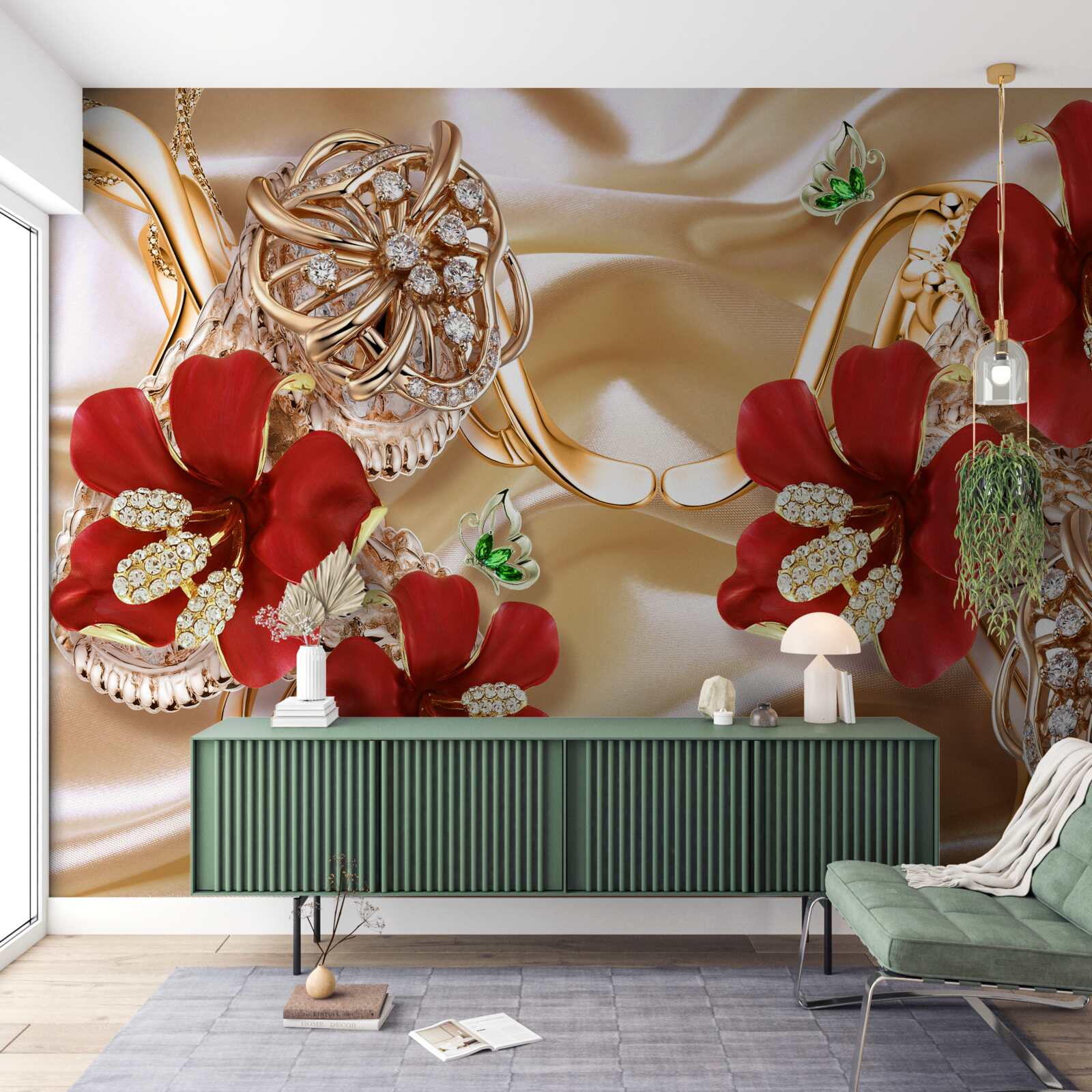 Fototapeta czerwone pąki ozdobione elementami dekoracyjnymi na złotym jedwabiu